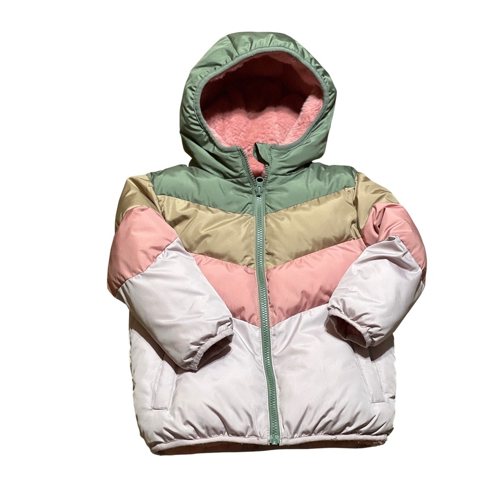 Swiss Tech Kids Girls 4T Puffer Jacket Pink Green Tan Lined Hooded Winter Coat‎